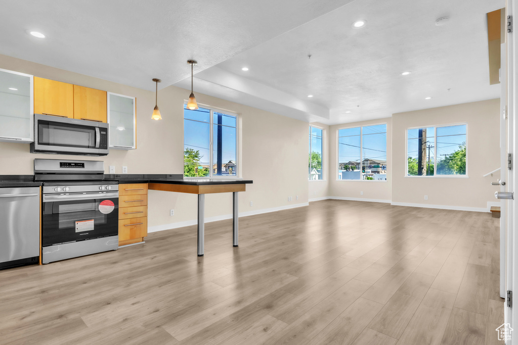 Kitchen featuring appliances with stainless steel finishes, light wood-style flooring, recessed lighting, dark countertops, and pendant lighting