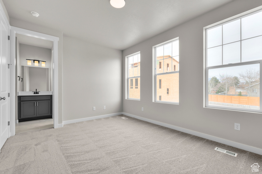 Unfurnished bedroom featuring light colored carpet, baseboards, ensuite bath, and a sink