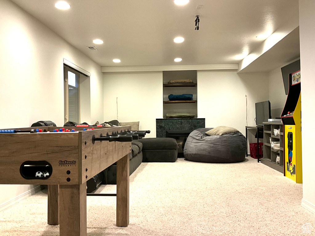 Rec room with recessed lighting, carpet, and baseboards