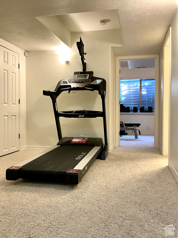 Workout area featuring baseboards, a textured ceiling, and carpet flooring