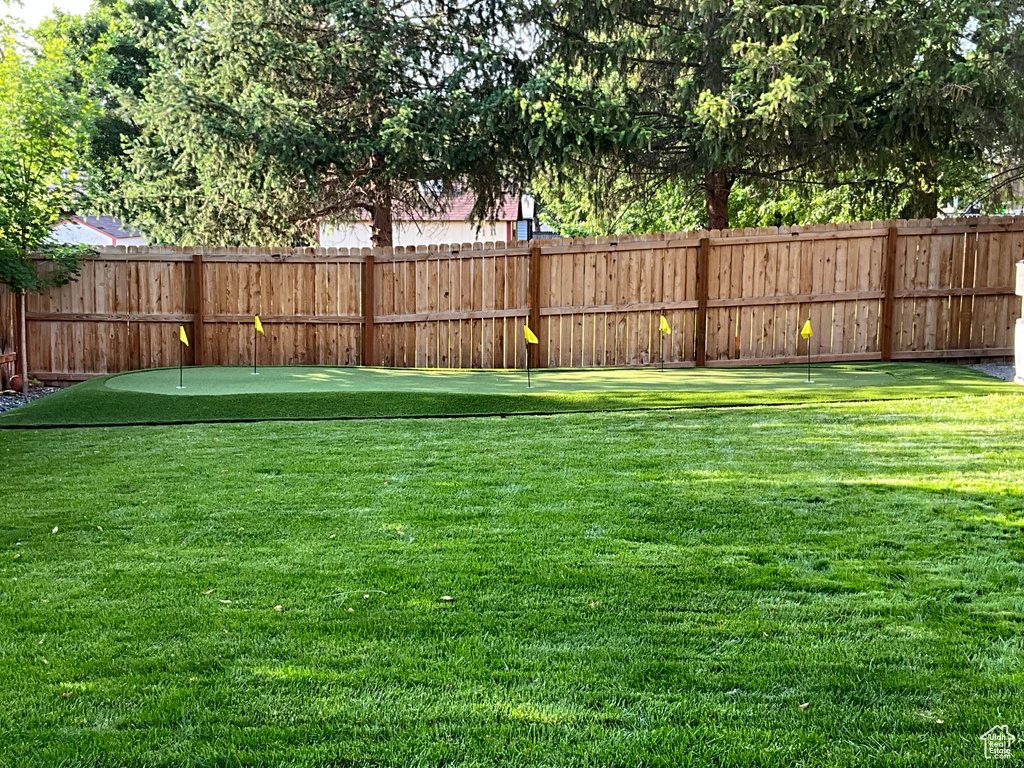 View of yard featuring a putting area