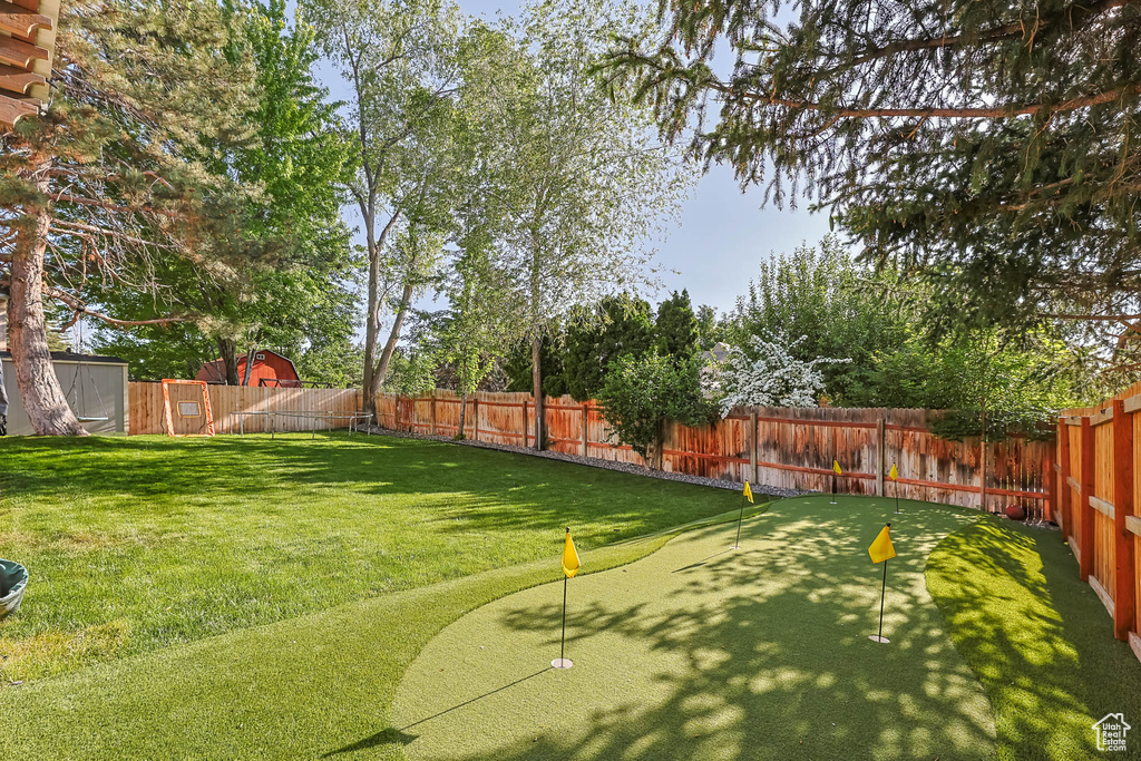 View of yard featuring a putting green