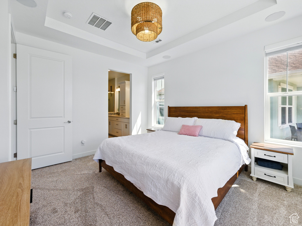 Bedroom featuring light carpet, multiple windows, a raised ceiling, and baseboards
