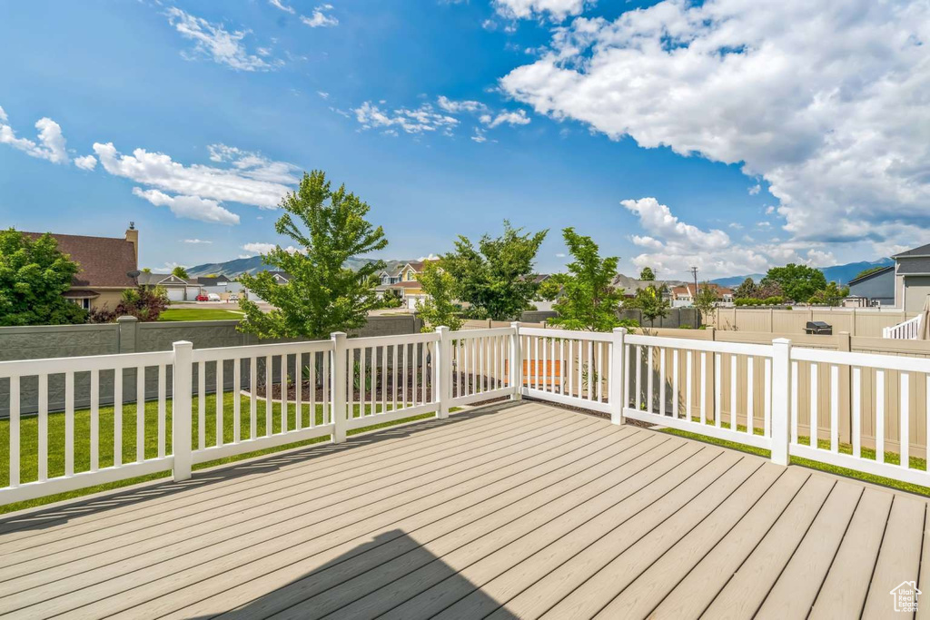 Wooden deck featuring a residential view and a fenced backyard
