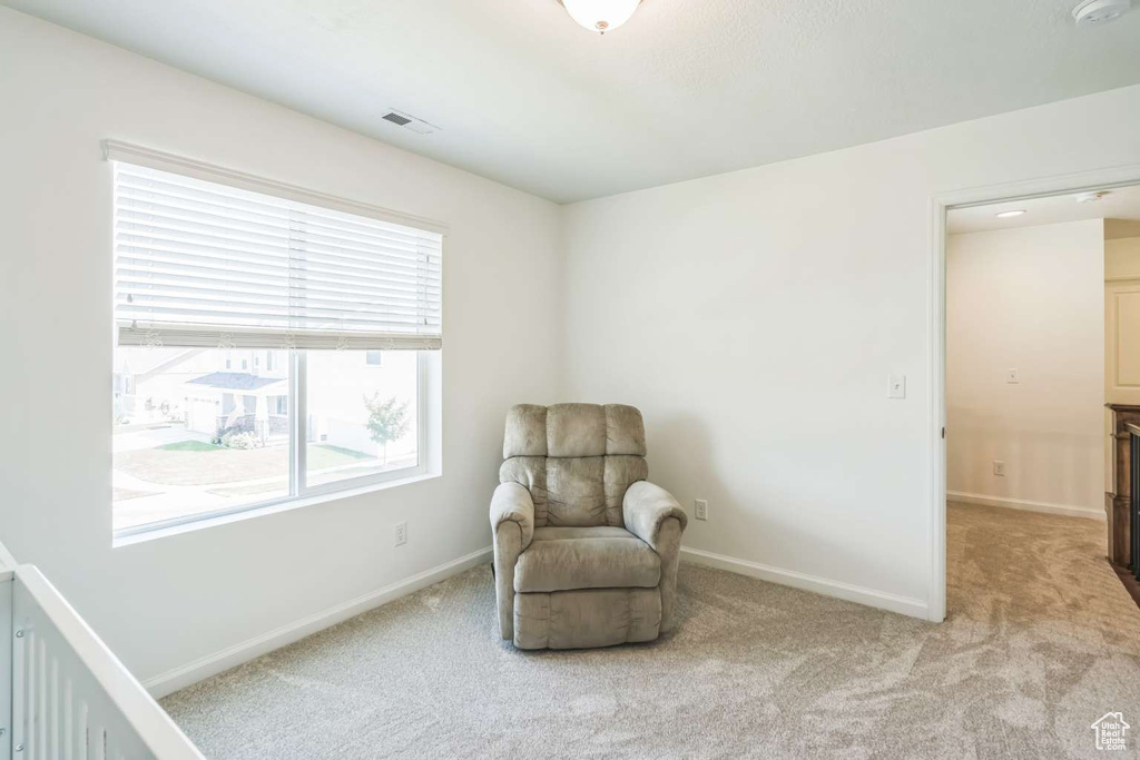 Living area featuring light colored carpet