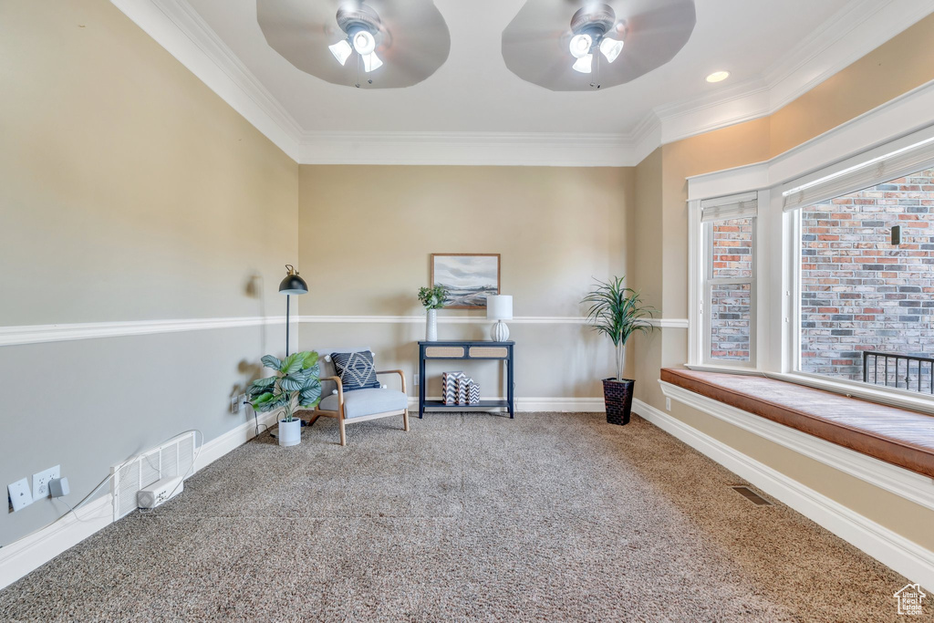 Living area featuring carpet, a ceiling fan, ornamental molding, and baseboards