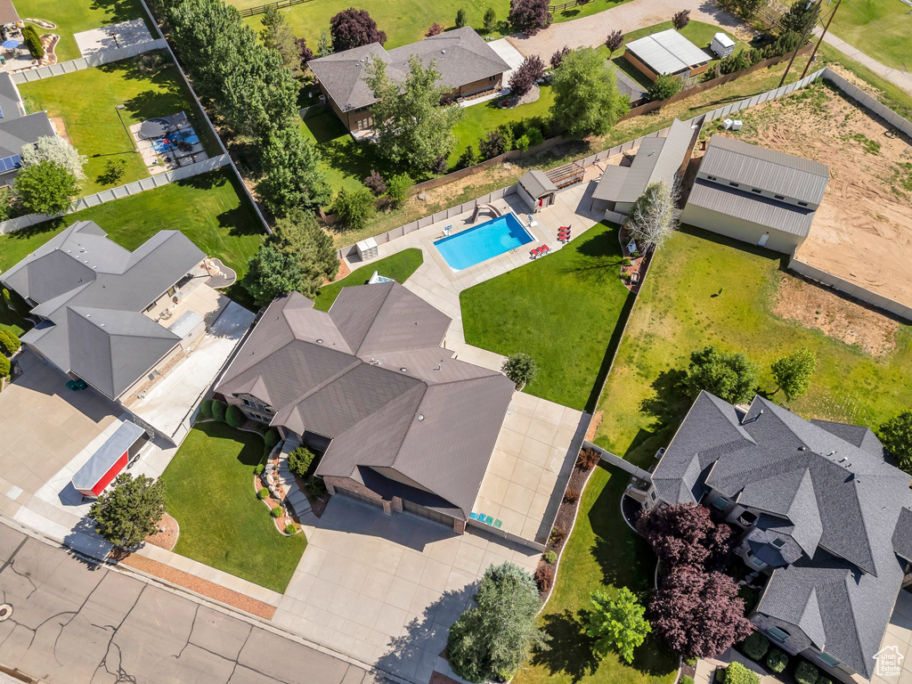 Aerial view of residential area with a pool area