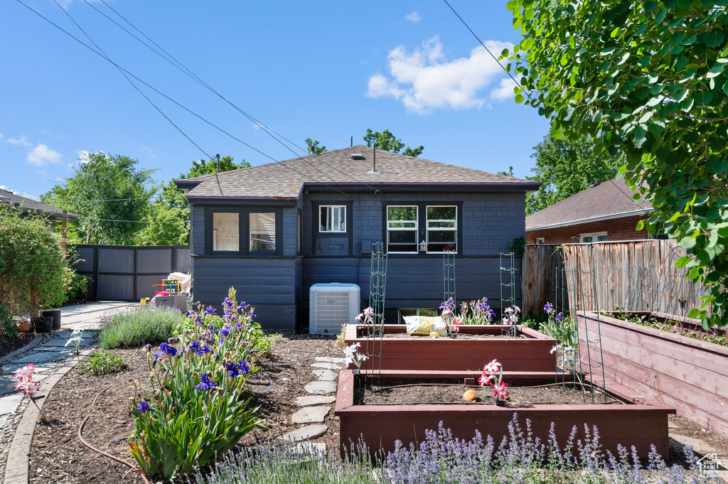 Rear view of house featuring a garden, cooling unit, a fenced backyard, and a shingled roof