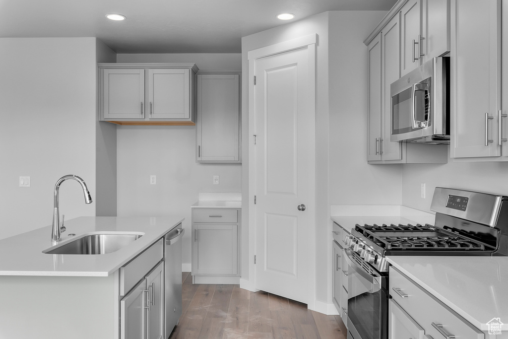 Kitchen featuring stainless steel appliances, a sink, recessed lighting, wood finished floors, and light countertops