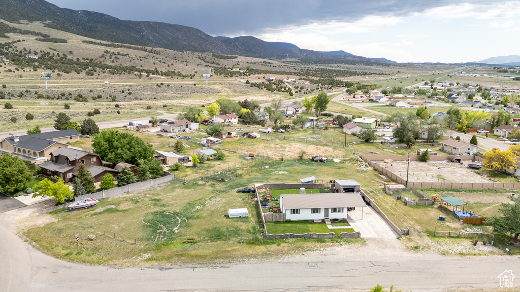 Aerial perspective of suburban area with mountains