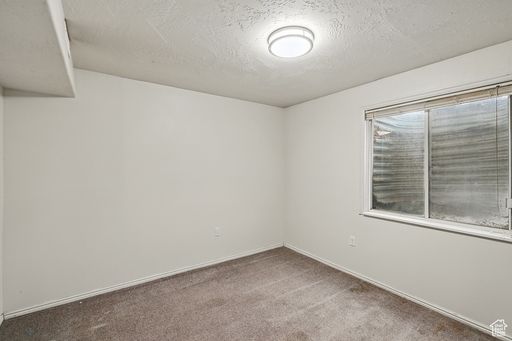 Unfurnished room with carpet, a textured ceiling, and baseboards