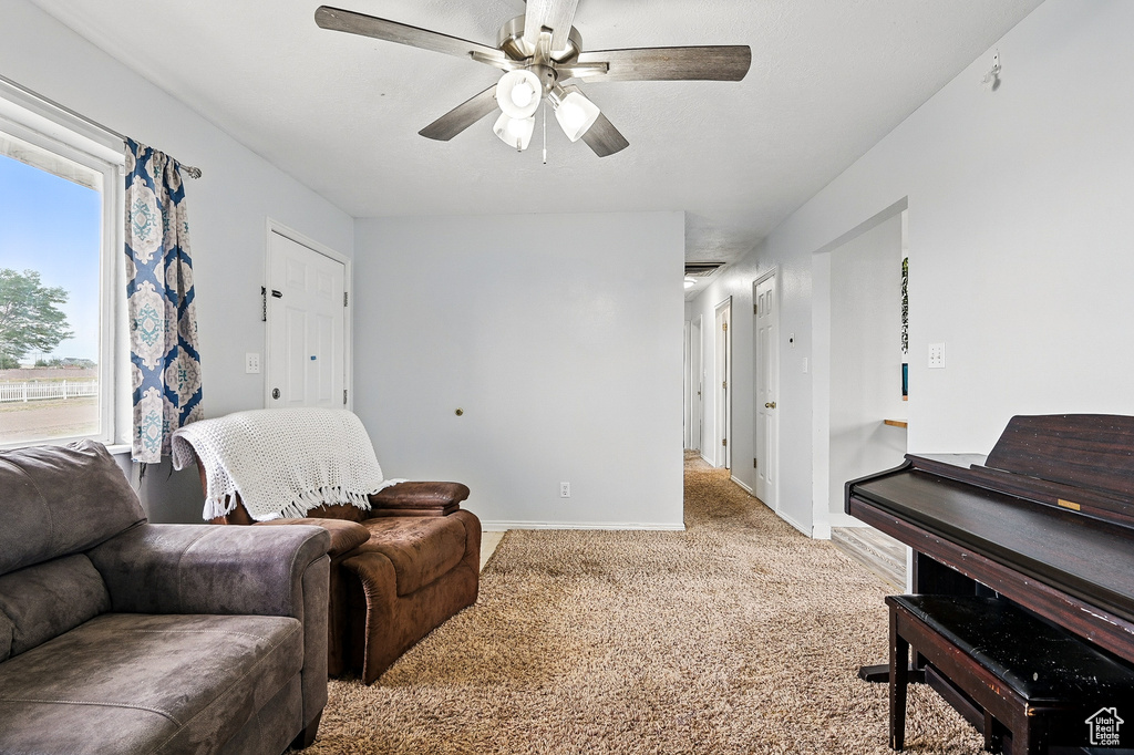 Living room with a ceiling fan, baseboards, and carpet floors