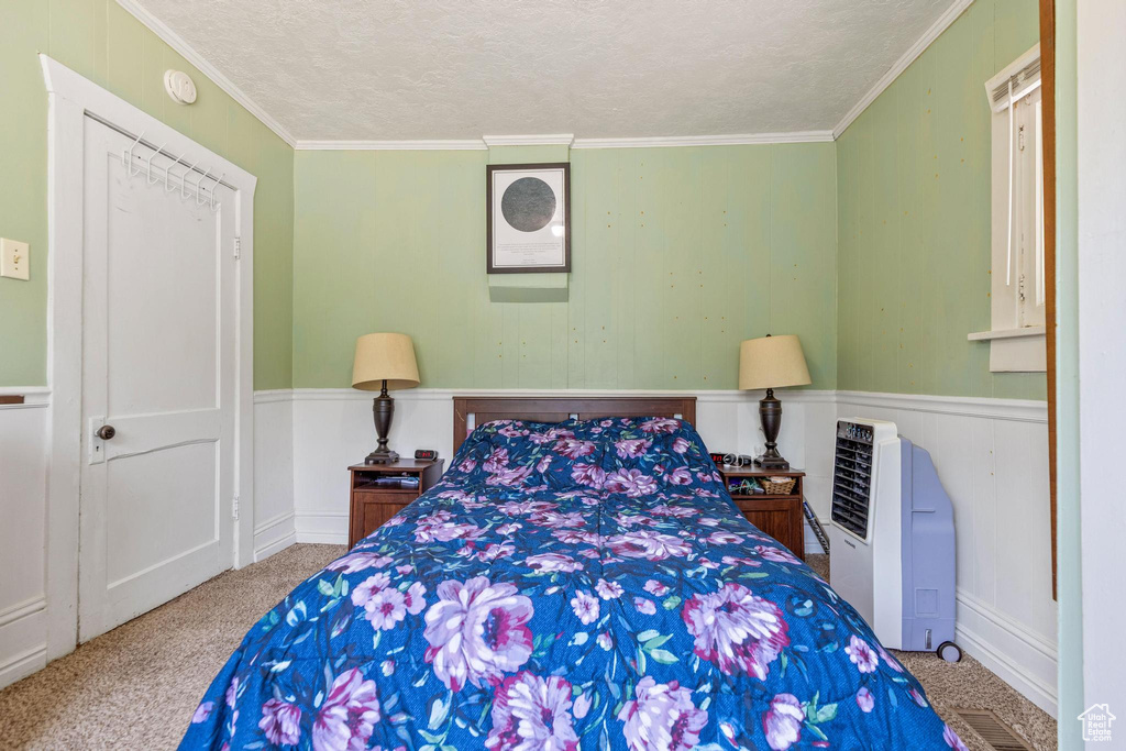 Carpeted bedroom with wainscoting, a textured ceiling, and crown molding