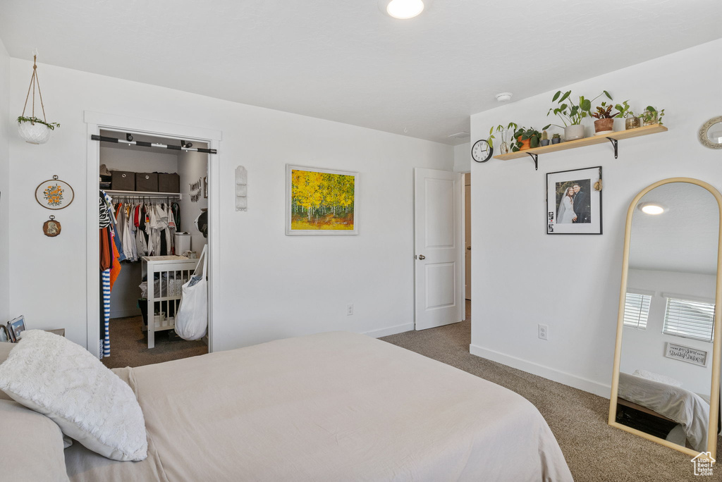 Carpeted bedroom featuring baseboards, a walk in closet, and a closet