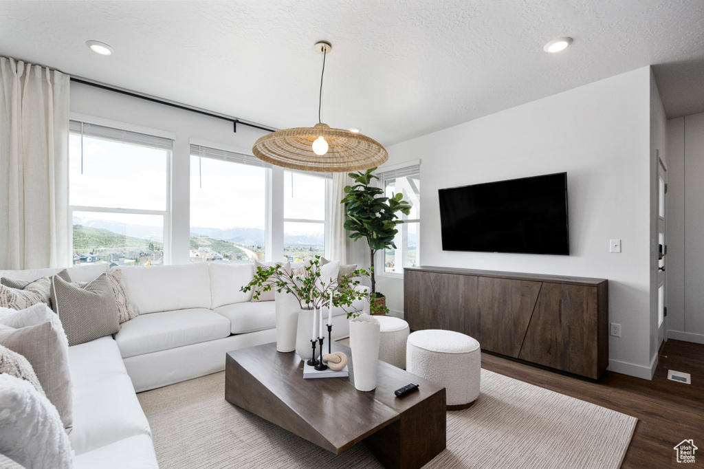 Living room featuring wood finished floors, baseboards, and recessed lighting