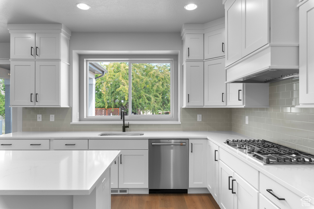 Kitchen featuring stainless steel appliances, a sink, custom exhaust hood, light countertops, and recessed lighting