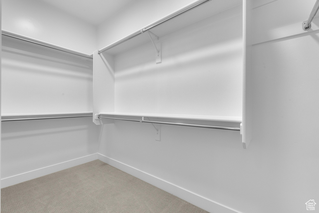 Walk in closet featuring light colored carpet