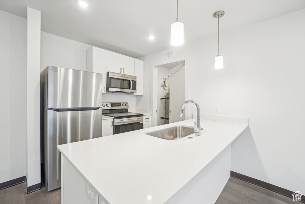 Kitchen with stainless steel appliances, a sink, dark wood-type flooring, a peninsula, and recessed lighting