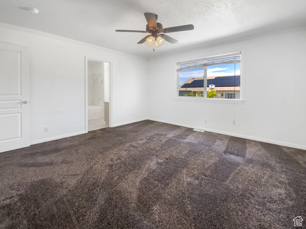 Unfurnished room featuring carpet flooring, ceiling fan, a textured ceiling, baseboards, and crown molding
