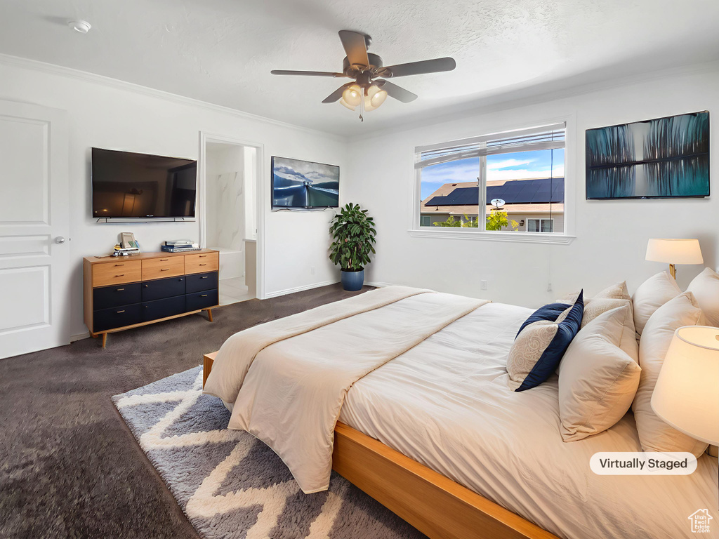 Carpeted bedroom with a ceiling fan, ornamental molding, and connected bathroom