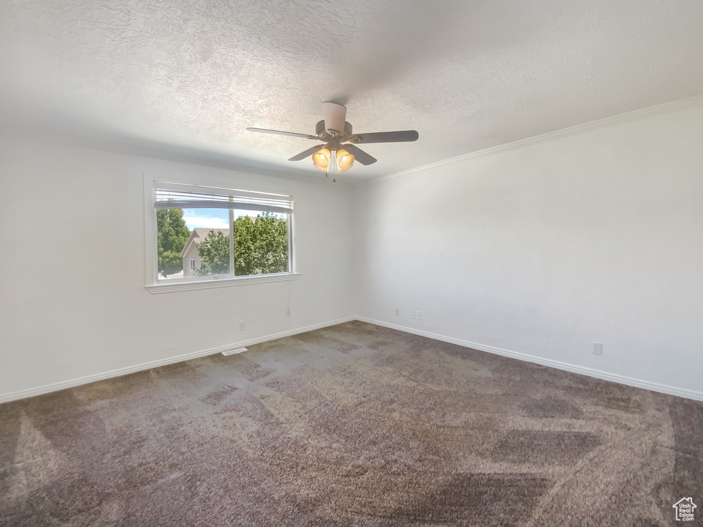 Carpeted spare room featuring a textured ceiling, ceiling fan, baseboards, and crown molding