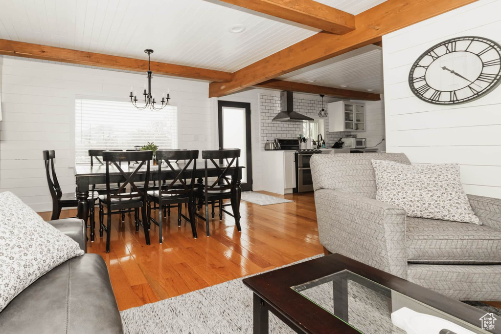 Dining area featuring light wood-type flooring, a chandelier, beamed ceiling, and wooden walls