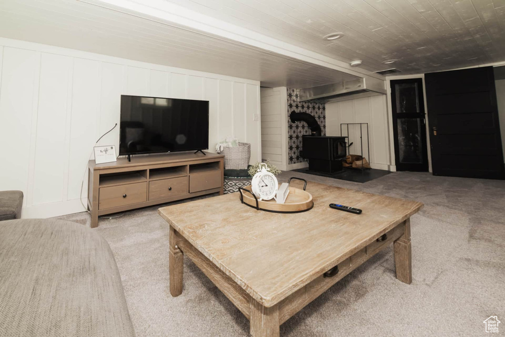 Carpeted living room featuring a wood stove