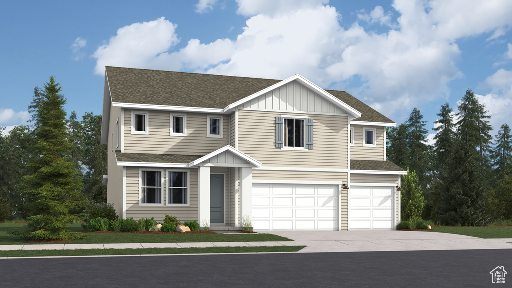 Traditional-style house with board and batten siding, a garage, roof with shingles, and concrete driveway