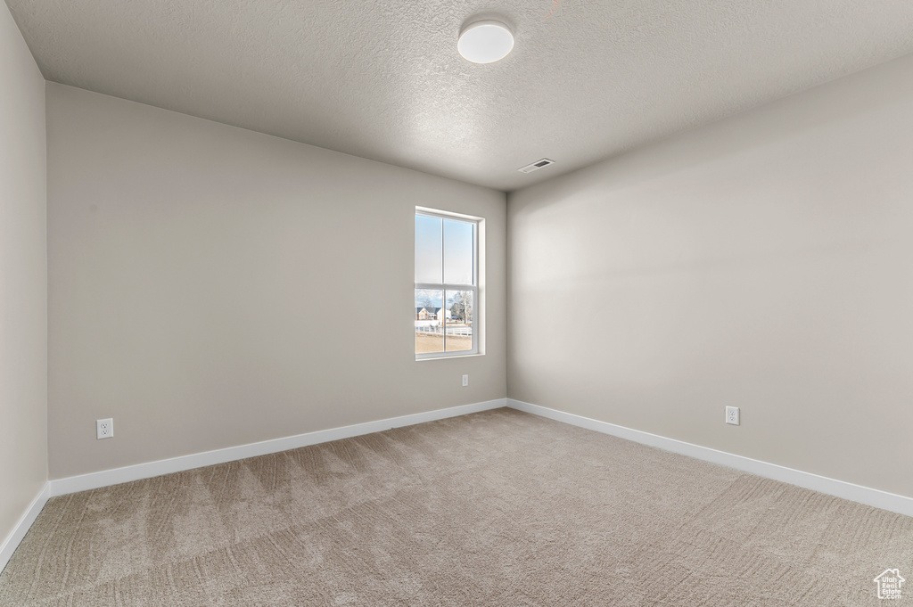 Unfurnished room with light carpet, baseboards, and a textured ceiling