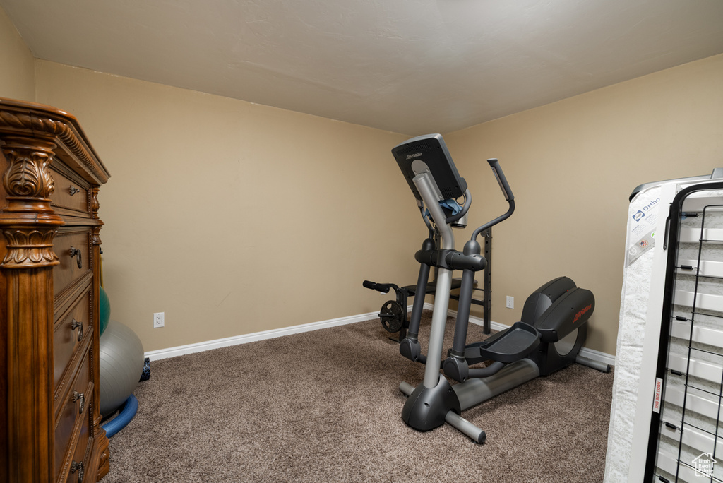 Workout room featuring carpet flooring and baseboards