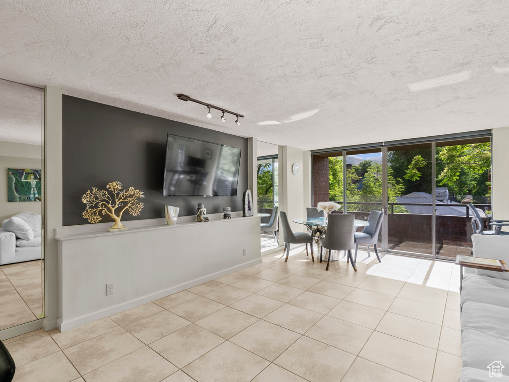 Living room with tile patterned flooring, track lighting, a textured ceiling, expansive windows, and baseboards