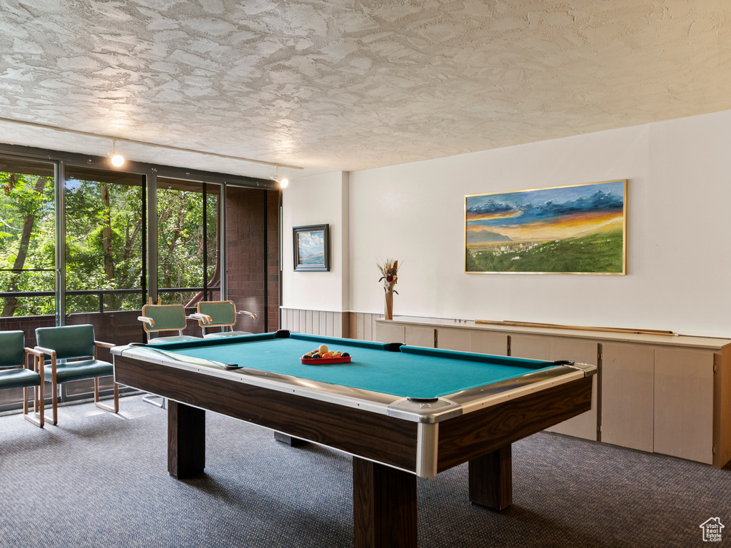 Recreation room with carpet flooring, pool table, and a wainscoted wall
