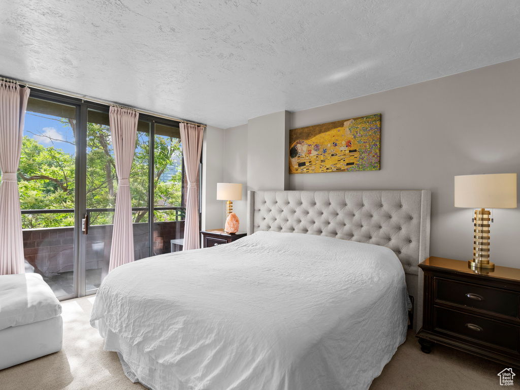 Bedroom with access to outside, carpet flooring, multiple windows, and a textured ceiling
