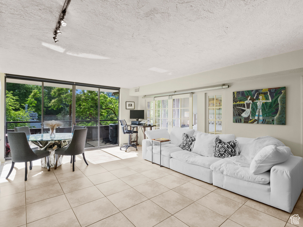 Living area featuring light tile patterned flooring, a textured ceiling, track lighting, and expansive windows