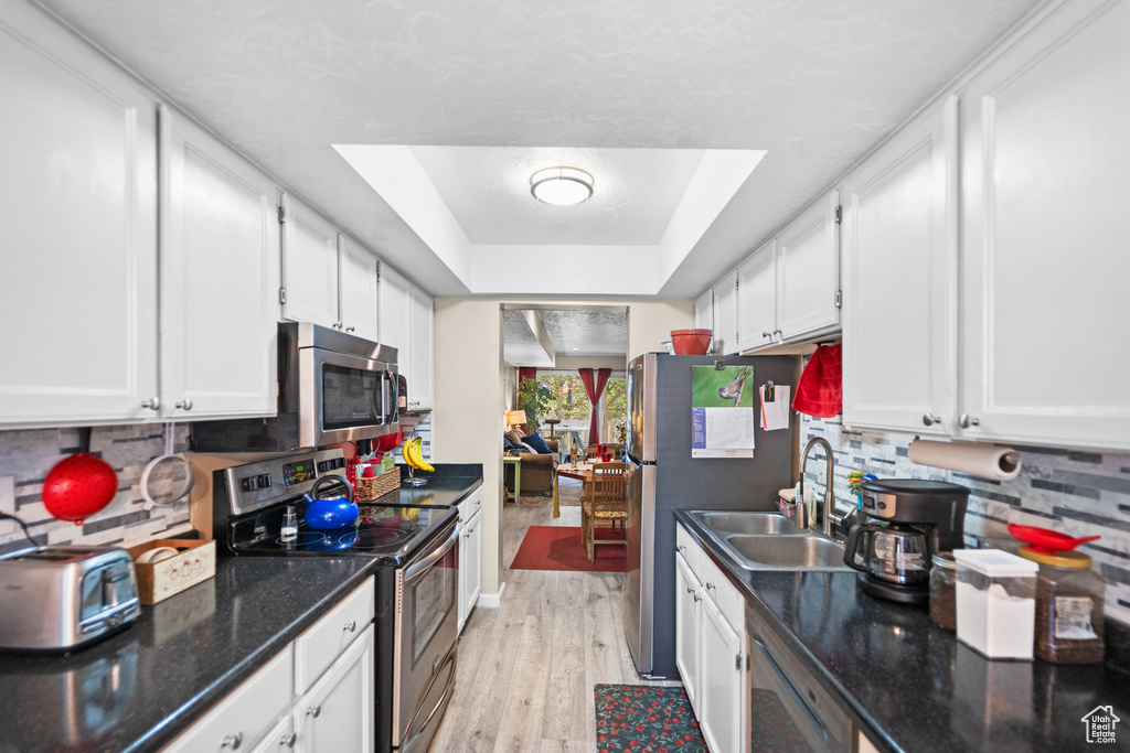Kitchen featuring appliances with stainless steel finishes, a tray ceiling, white cabinets, a sink, and backsplash