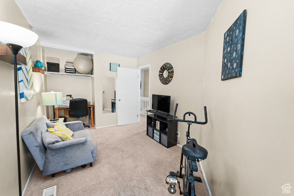 Carpeted living area with a desk, a textured ceiling, and baseboards