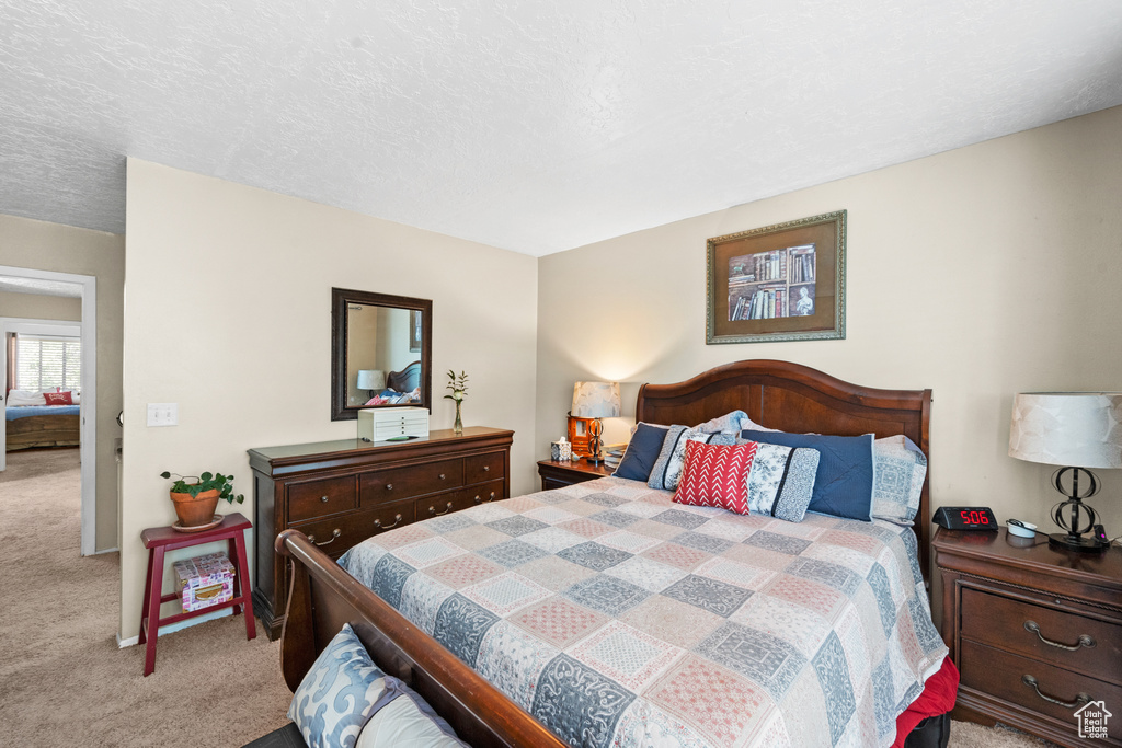 Bedroom featuring carpet and a textured ceiling