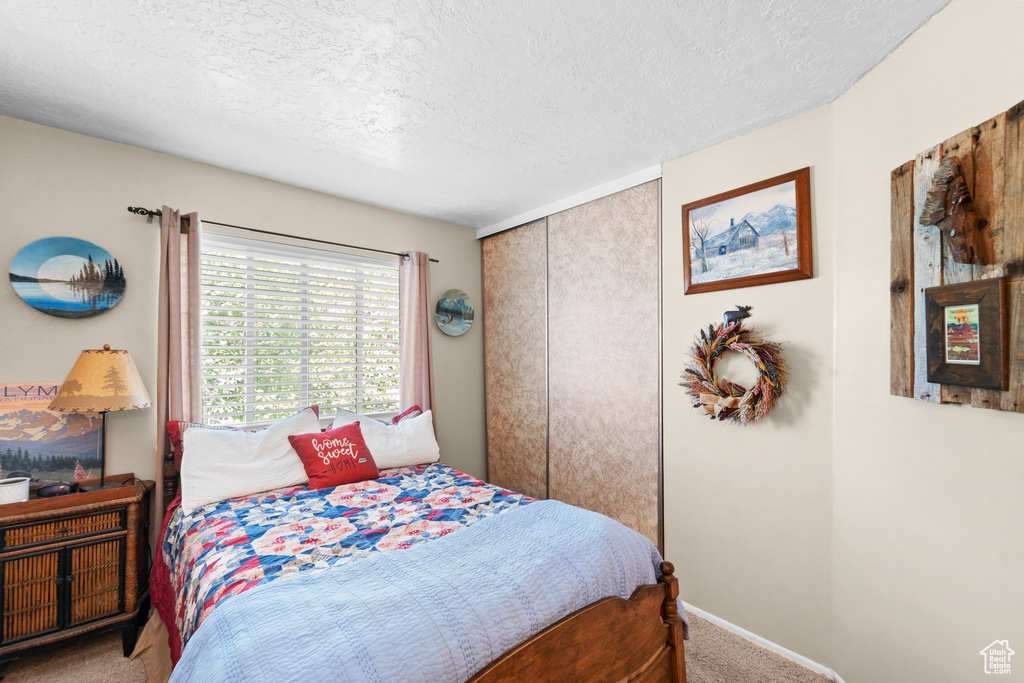 Bedroom featuring carpet, a textured ceiling, baseboards, and a closet