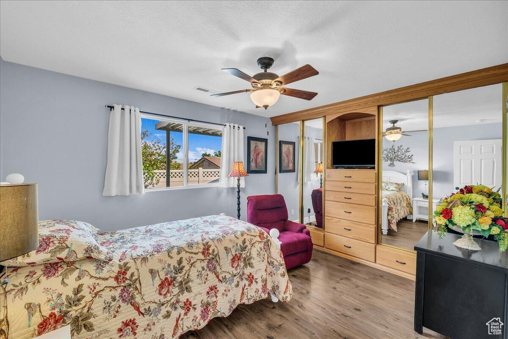 Bedroom featuring multiple closets, wood finished floors, and ceiling fan