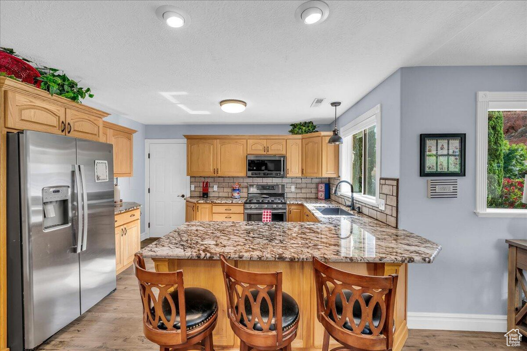 Kitchen with stainless steel appliances, a sink, a peninsula, decorative backsplash, and light wood-type flooring