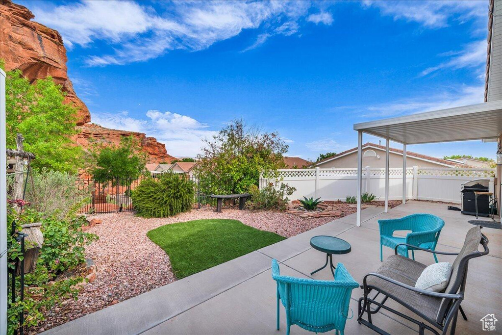 Fenced backyard with a patio and a grill