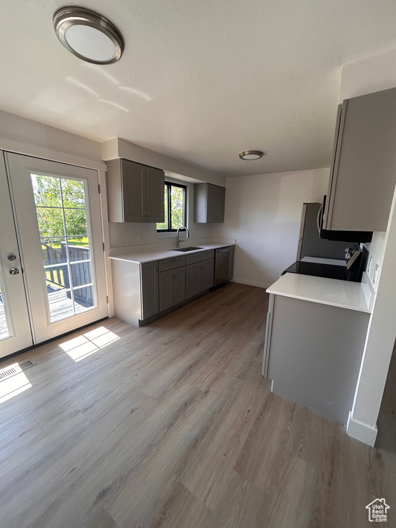Kitchen with light wood-style flooring, gray cabinetry, light countertops, baseboards, and stainless steel dishwasher