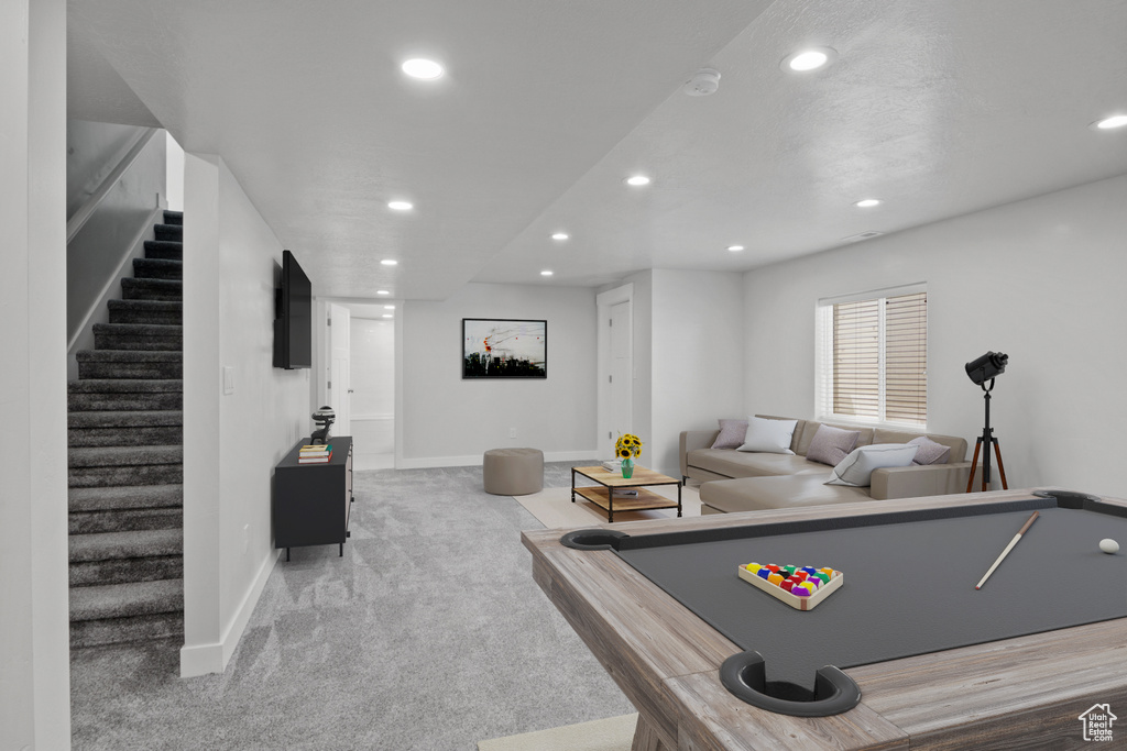 Game room featuring recessed lighting, carpet, baseboards, and billiards table