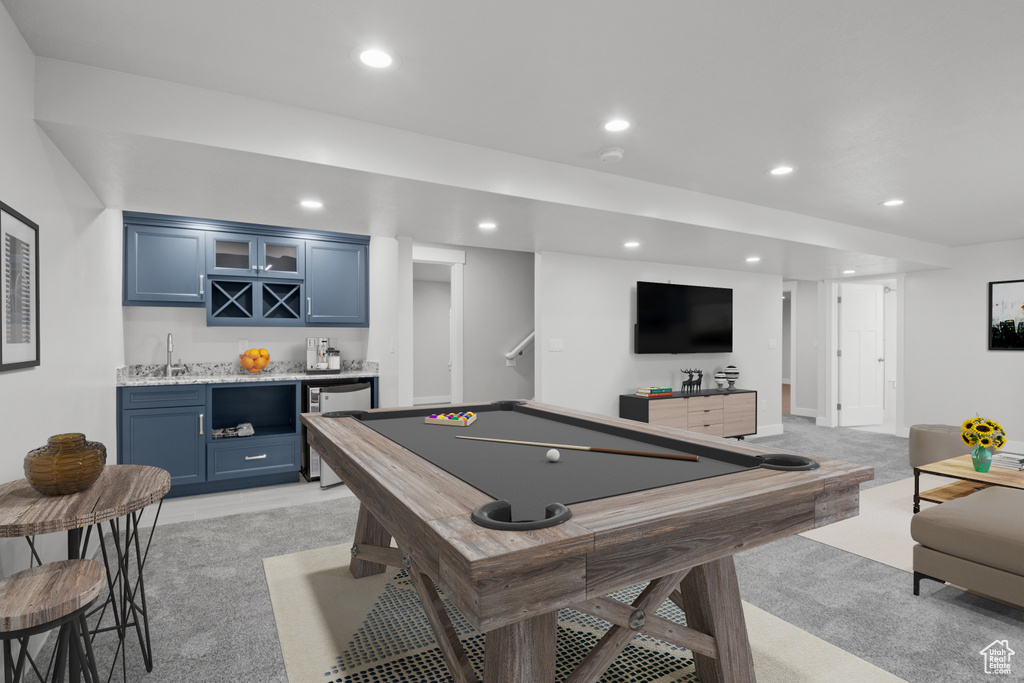 Playroom featuring wet bar, recessed lighting, light colored carpet, and billiards table