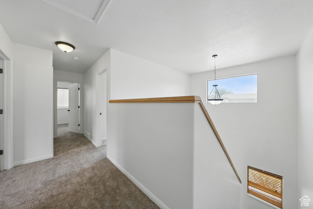 Corridor featuring an upstairs landing, carpet floors, and baseboards