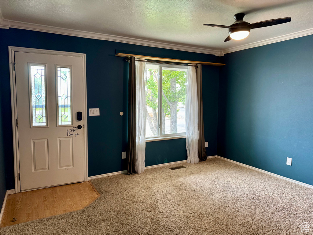 Foyer entrance featuring a ceiling fan, crown molding, carpet floors, and baseboards