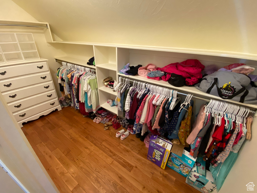 Walk in closet with wood finished floors