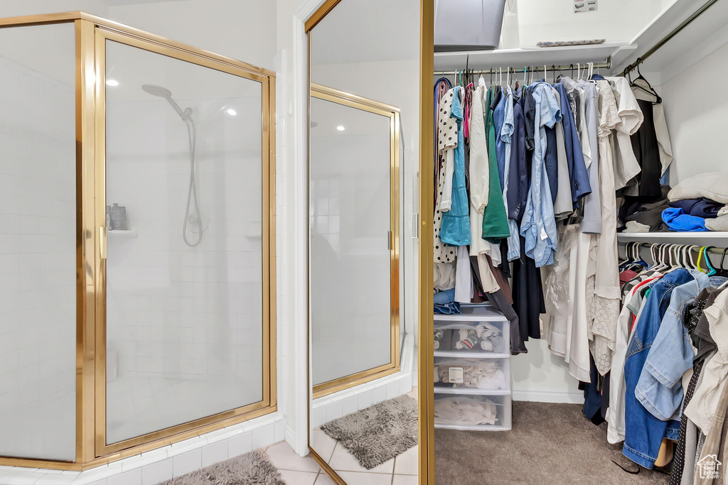 Bathroom with a spacious closet and a shower stall
