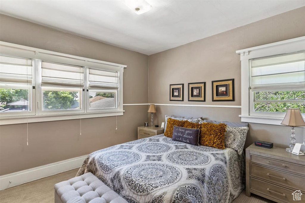 Bedroom with carpet floors and baseboards