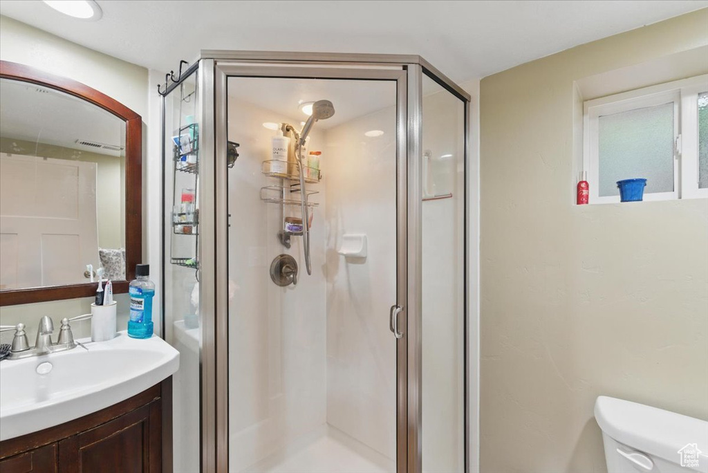 Bathroom featuring vanity, a stall shower, and toilet